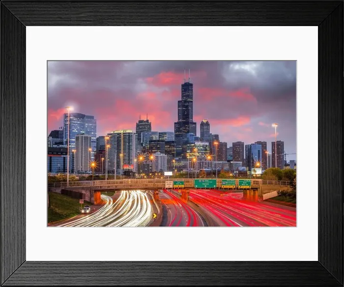 Framed Print : Chicago, IL, USA downtown cityscape highways at dawn