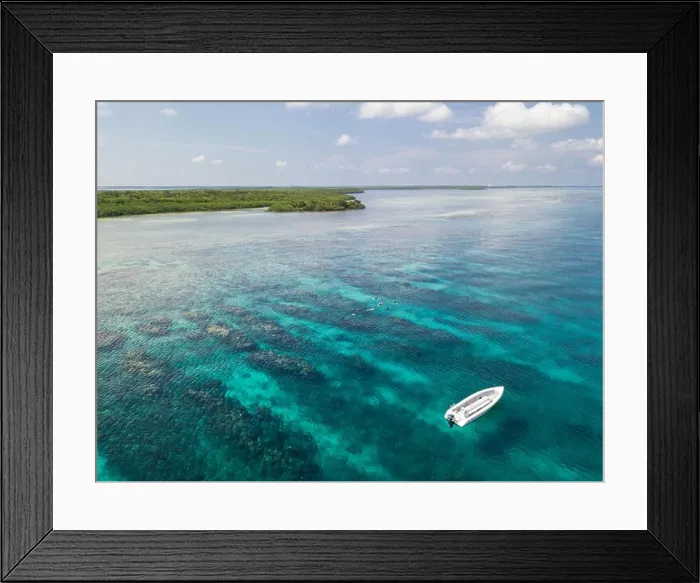 Framed Print : An aerial view of a beautiful coral reef on the edge of Turneffe Atoll off the coast of Belize. This area of the Caribbean is extremely biodiverse Framed Print : An aerial view of a beautiful coral reef on the edge of Turneffe Atoll off the coast of Belize. This area of the Caribbean is extremely biodiverse