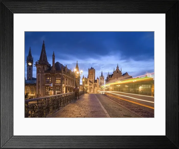 Framed Print : Ghent, Belgium old town cityscape from St. Michael's Bridge at dawn Framed Print : Ghent, Belgium old town cityscape from St. Michael's Bridge at dawn