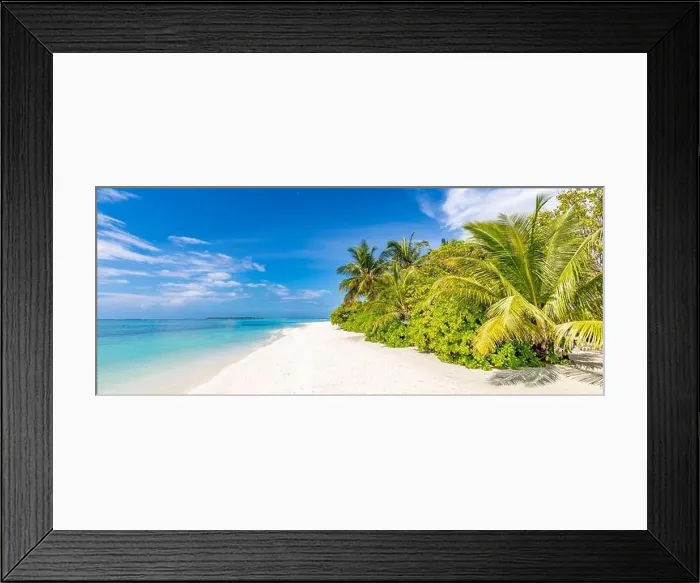 Framed Print : Tropical beach panorama view, summer landscape, palm trees and white sand, horizon of calm sea for beach banner. Relax nature of beach scene, vacation Framed Print : Tropical beach panorama view, summer landscape, palm trees and white sand, horizon of calm sea for beach banner. Relax nature of beach scene, vacation