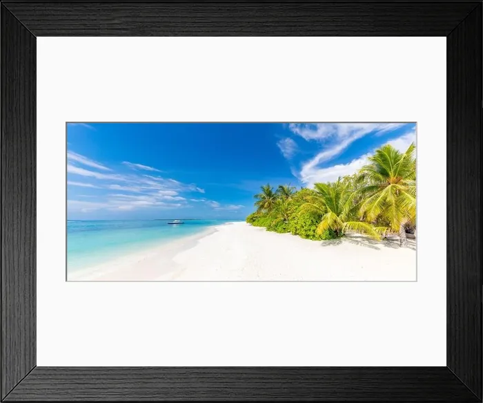 Framed Print : Tropical beach panorama view, summer landscape, palm trees and white sand, horizon of calm sea for beach banner. Relax nature of beach scene, vacation Framed Print : Tropical beach panorama view, summer landscape, palm trees and white sand, horizon of calm sea for beach banner. Relax nature of beach scene, vacation