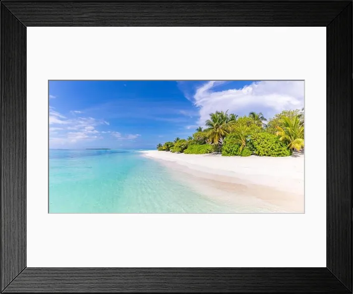 Framed Print : Tropical beach panorama view, summer landscape, palm trees and white sand, horizon of calm sea for beach banner. Relax nature of beach scene, vacation Framed Print : Tropical beach panorama view, summer landscape, palm trees and white sand, horizon of calm sea for beach banner. Relax nature of beach scene, vacation