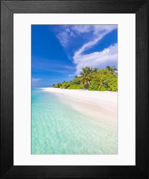 Framed Print : Tropical beach panorama view, summer landscape, palm trees and white sand, horizon of calm sea for beach banner. Relax nature of beach scene, vacation Framed Print : Tropical beach panorama view, summer landscape, palm trees and white sand, horizon of calm sea for beach banner. Relax nature of beach scene, vacation