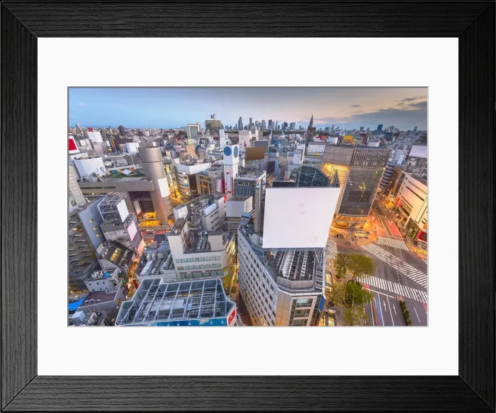 Framed Print : Tokyo, Japan city skyline over Shibuya Crossing at dusk with copy space Framed Print : Tokyo, Japan city skyline over Shibuya Crossing at dusk with copy space