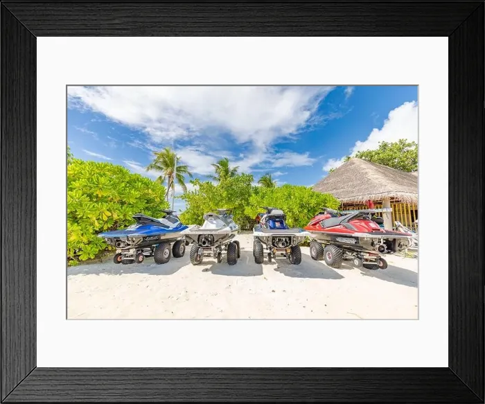 Framed Print : 14.12.2019 - Ari atoll, Maldives: Jet skis on tropical beach coast, shore. Resort hotel scenery jet skis parked on the beach for tourist Framed Print : 14.12.2019 - Ari atoll, Maldives: Jet skis on tropical beach coast, shore. Resort hotel scenery jet skis parked on the beach for tourist