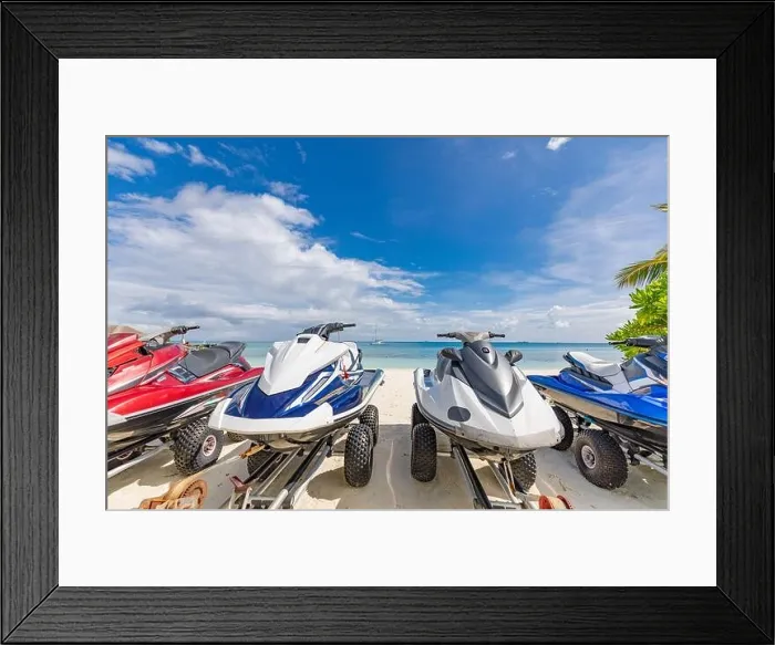 Framed Print : 14.12.2019 - Ari atoll, Maldives: Jet skis on tropical beach coast, shore. Resort hotel scenery jet skis parked on the beach for tourist Framed Print : 14.12.2019 - Ari atoll, Maldives: Jet skis on tropical beach coast, shore. Resort hotel scenery jet skis parked on the beach for tourist