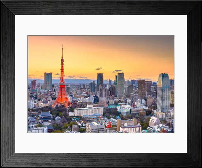 Framed Print : Tokyo, Japan cityscape panorama and tower at sunset with Mt. Fuji peaking over the horizon in the distance Framed Print : Tokyo, Japan cityscape panorama and tower at sunset with Mt. Fuji peaking over the horizon in the distance