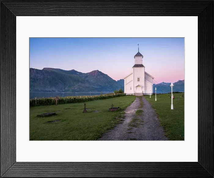 Framed Print : Scenic landscape with church and sunset at summer night in Lofoten, Norway Framed Print : Scenic landscape with church and sunset at summer night in Lofoten, Norway
