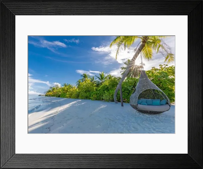 Framed Print : Tropical beach background as summer landscape with beach swing or hammock and white sand and calm sea for beach banner. Perfect beach scene vacation Framed Print : Tropical beach background as summer landscape with beach swing or hammock and white sand and calm sea for beach banner. Perfect beach scene vacation