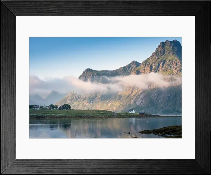 Framed Print : Scenic view with idyllic house and mountains at summer evening in Lofoten, Norway Framed Print : Scenic view with idyllic house and mountains at summer evening in Lofoten, Norway