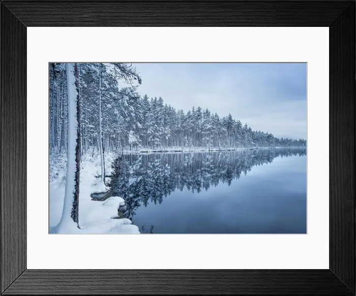 Framed Print : Scenic landscape with lake reflection and snow at winter evening Framed Print : Scenic landscape with lake reflection and snow at winter evening