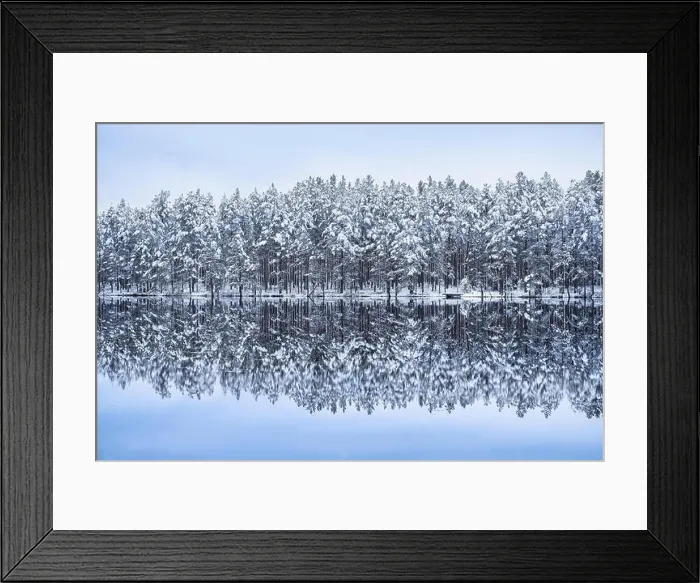 Framed Print : Scenic landscape with lake reflection and snow at winter evening Framed Print : Scenic landscape with lake reflection and snow at winter evening
