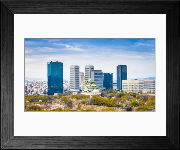 Framed Print : Osaka, Japan at skyline and castle in springtime from above Framed Print : Osaka, Japan at skyline and castle in springtime from above