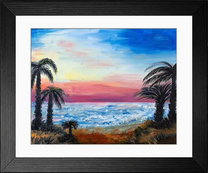 Framed Print : Awesome painting backgruond, nature with ocean and palms near Framed Print : Awesome painting backgruond, nature with ocean and palms near