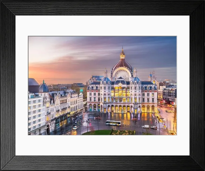 Framed Print : Antwerp, Belgium cityscape at Centraal Railway Station from night till dawn