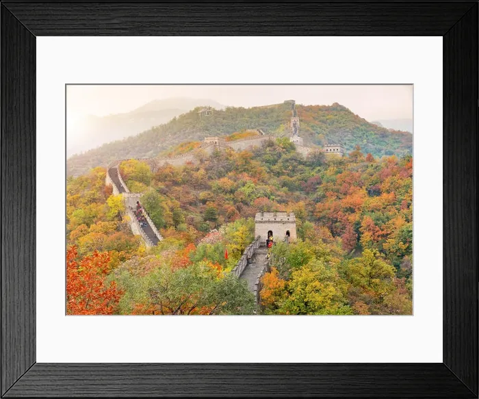 Framed Print : China The great wall distant view compressed towers and wall segments autumn season in mountains near Beijing ancient chinese fortification military l