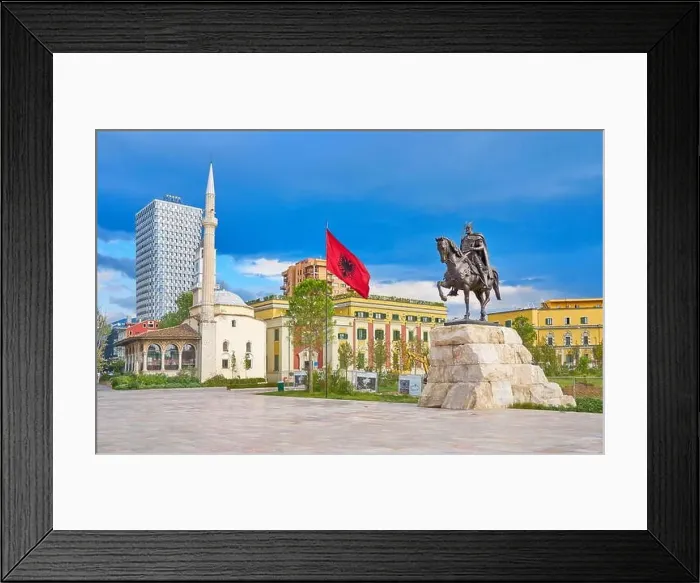 Framed Print : Statue of Skanderbeg, Ethem Bey Mosque and City Hall, Skanderbeg Square, Tirana, Albania Framed Print : Statue of Skanderbeg, Ethem Bey Mosque and City Hall, Skanderbeg Square, Tirana, Albania