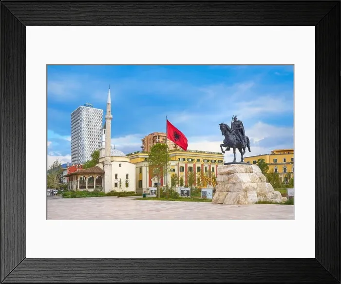 Framed Print : Albania, Tirana - statue of Skanderbeg, Ethem Bey Mosque and City Hall, Skanderbeg Square Framed Print : Albania, Tirana - statue of Skanderbeg, Ethem Bey Mosque and City Hall, Skanderbeg Square