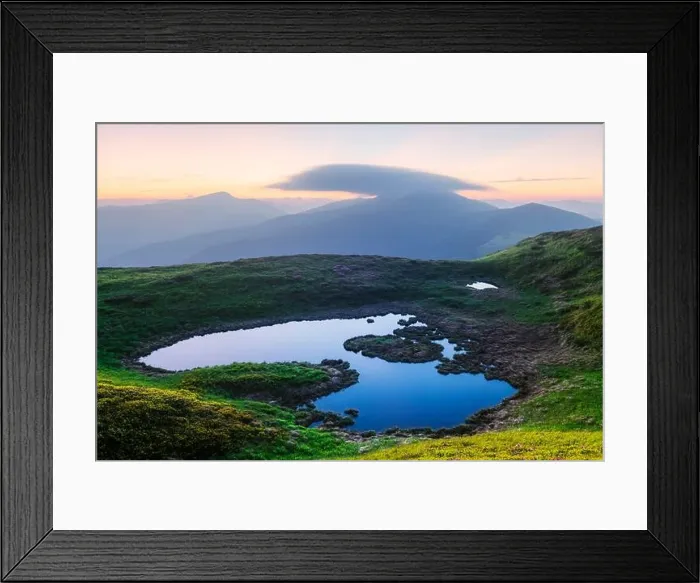 Framed Print : Mountain lake on sunrise time. Picturesque summer landscape with green mountain hills and sun rays in morning sky. Carpathian mountains Framed Print : Mountain lake on sunrise time. Picturesque summer landscape with green mountain hills and sun rays in morning sky. Carpathian mountains