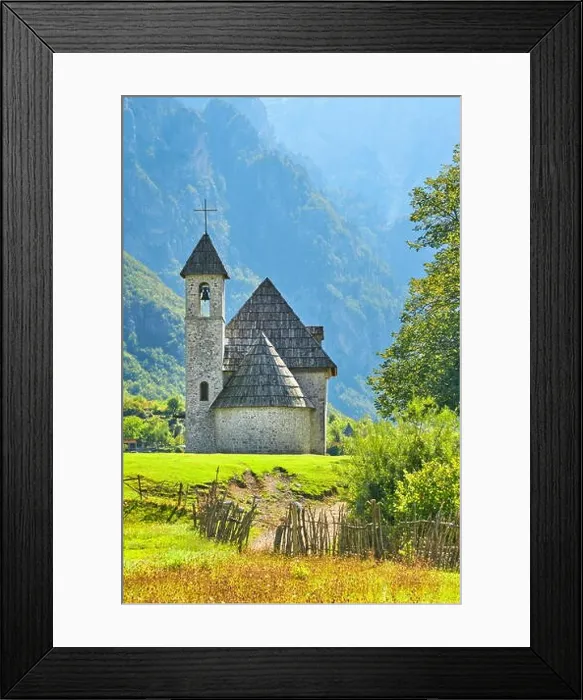 Framed Print : Small Roman Catholic church in Theth Village, Albanian Alps, Albania Framed Print : Small Roman Catholic church in Theth Village, Albanian Alps, Albania