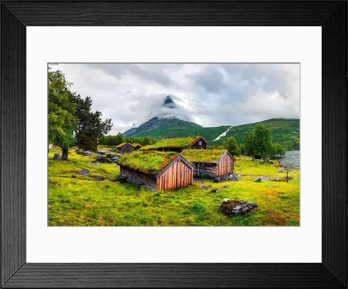 Framed Print : Typical norwegian old wooden houses with grass roofs in Innerdalen - Norway's most beautiful mountain valley, near Innerdalsvatna lake Framed Print : Typical norwegian old wooden houses with grass roofs in Innerdalen - Norway's most beautiful mountain valley, near Innerdalsvatna lake