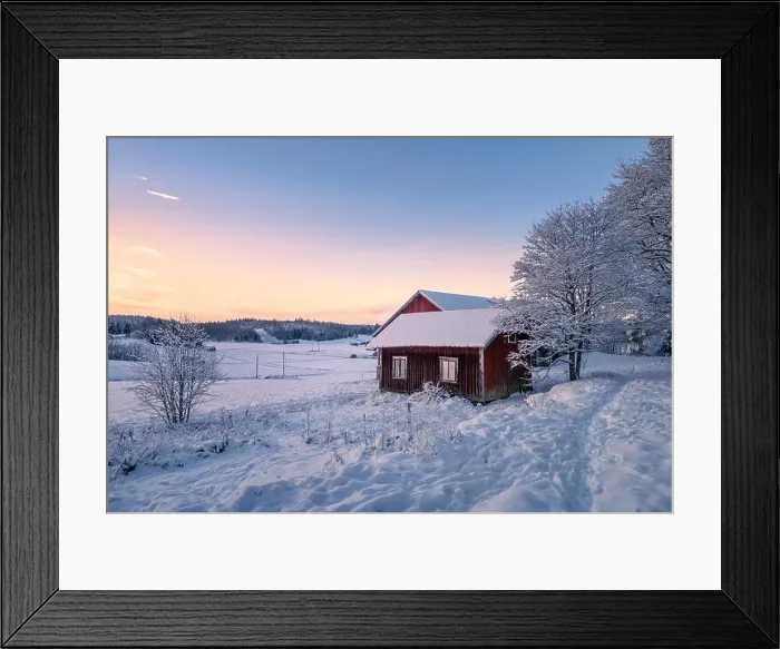 Framed Print : Abandoned house with snowy landscape and sunset at winter evening in Finland Framed Print : Abandoned house with snowy landscape and sunset at winter evening in Finland