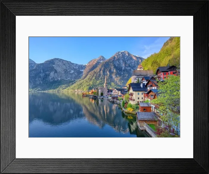 Framed Print : Scenic picture-postcard view of famous Hallstatt mountain village in the Austrian Alps at beautiful light in spring, Salzkammergut region, Hallstatt Framed Print : Scenic picture-postcard view of famous Hallstatt mountain village in the Austrian Alps at beautiful light in spring, Salzkammergut region, Hallstatt