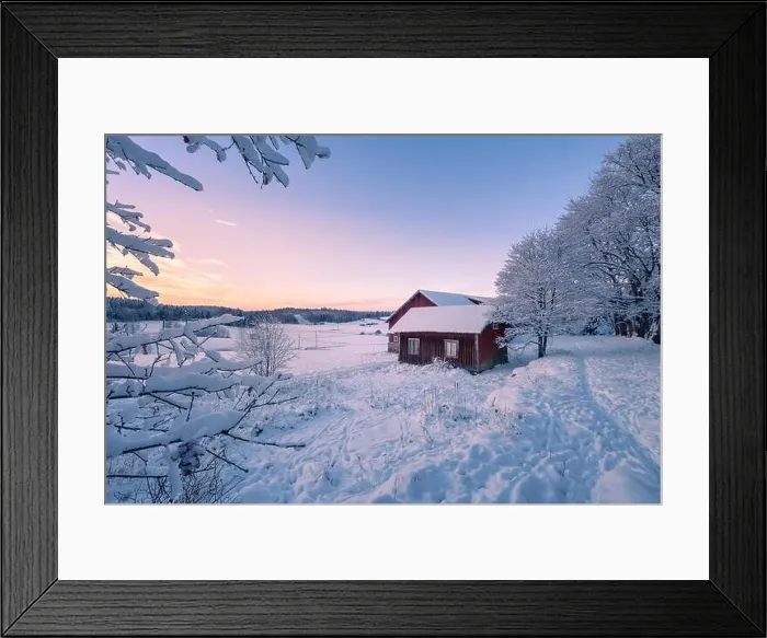 Framed Print : Abandoned house with snowy landscape and sunset at winter evening in Finland Framed Print : Abandoned house with snowy landscape and sunset at winter evening in Finland