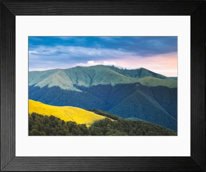 Framed Print : Picturesque summer landscape in Carpathian mountains. Green hills, forest and yellow meadows in fantastic evening sunlight Framed Print : Picturesque summer landscape in Carpathian mountains. Green hills, forest and yellow meadows in fantastic evening sunlight
