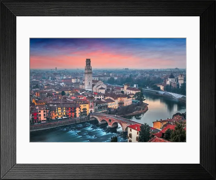 Framed Print : Verona, Italy town skyline on the Adige River at dusk Framed Print : Verona, Italy town skyline on the Adige River at dusk