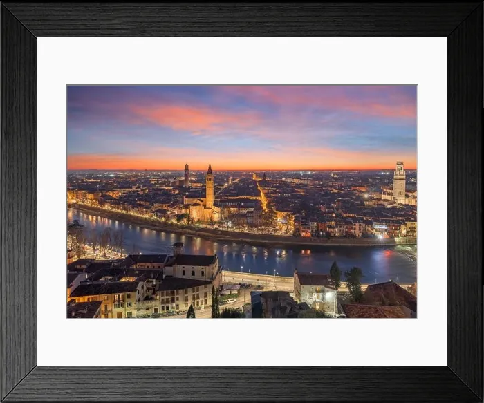 Framed Print : Verona, Italy Skyline on the Adige River at dusk Framed Print : Verona, Italy Skyline on the Adige River at dusk