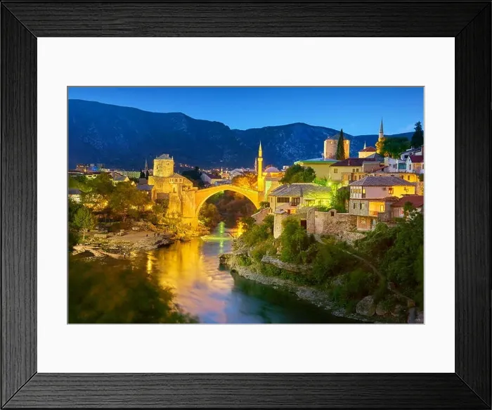 Framed Print : Mostar, Bosnia and Herzegovina - evening view at Stari Most or Old Bridge, Neretva River Framed Print : Mostar, Bosnia and Herzegovina - evening view at Stari Most or Old Bridge, Neretva River