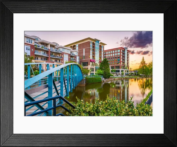 Framed Print : Greenville, South Carolina, USA downtown cityscape on the Reedy River at dusk Framed Print : Greenville, South Carolina, USA downtown cityscape on the Reedy River at dusk