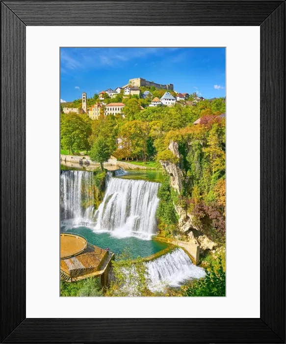 Framed Print : Pliva River Waterfall and castle from 14th century, Jajce town, Bosnia and Herzegovina Framed Print : Pliva River Waterfall and castle from 14th century, Jajce town, Bosnia and Herzegovina