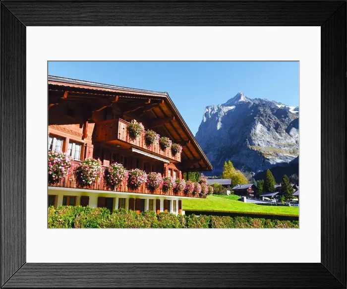 Framed Print : Picturesque autumn landscape with wooden house with flowers and mountains on background in Grindelwald village in Swiss Alps
