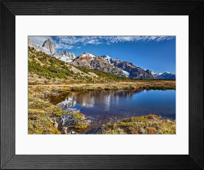 Framed Print : Mount Fitz Roy with reflection in small tarn lake, Los Glaciares National Park, Patagonia, Argentina Framed Print : Mount Fitz Roy with reflection in small tarn lake, Los Glaciares National Park, Patagonia, Argentina