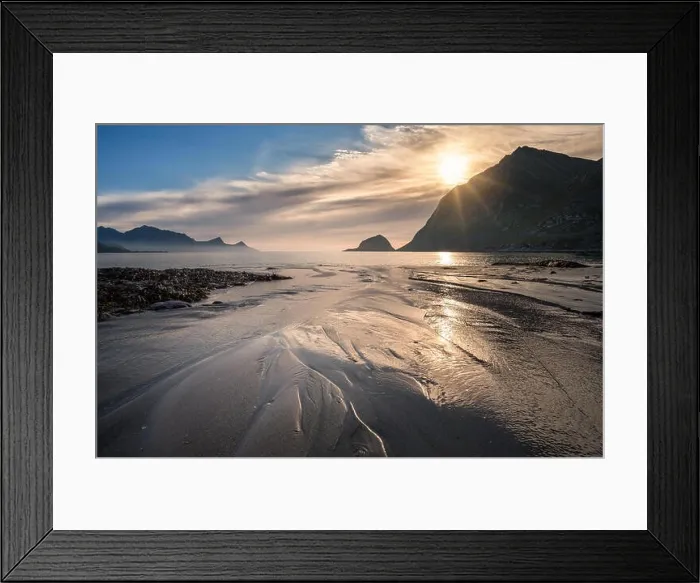 Framed Print : Scenic view from Haukland beach, Lofoten, Norway at summer evening with sunset Framed Print : Scenic view from Haukland beach, Lofoten, Norway at summer evening with sunset