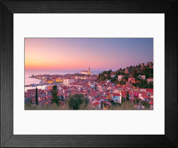 Framed Print : Piran, Slovenia. Panoramic aerial cityscape image of beautiful Piran, Slovenia at spring sunset Framed Print : Piran, Slovenia. Panoramic aerial cityscape image of beautiful Piran, Slovenia at spring sunset