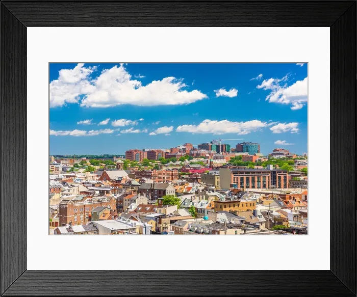 Framed Print : Baltimore, Maryland, USA cityscape overlooking little italy and neighborhoods Framed Print : Baltimore, Maryland, USA cityscape overlooking little italy and neighborhoods