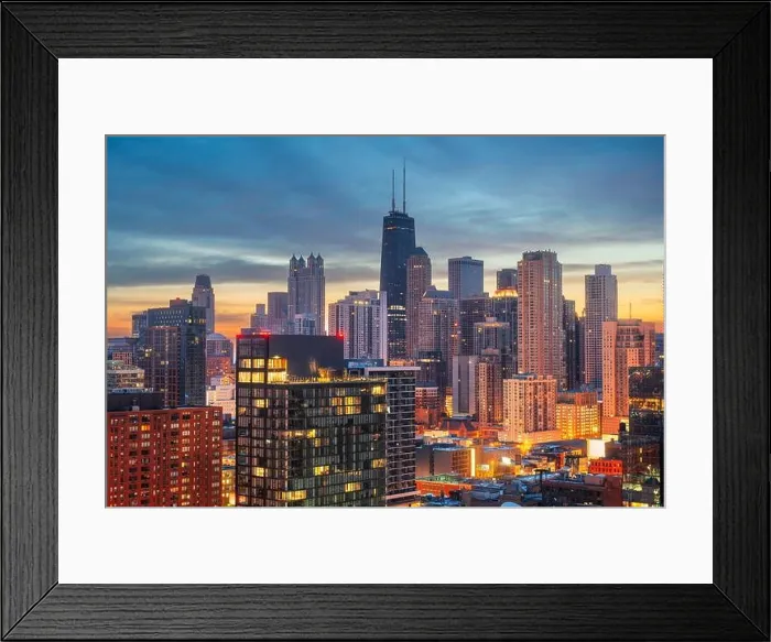 Framed Print : Chicago, Illinois, USA downtown rooftop skyline at dawn