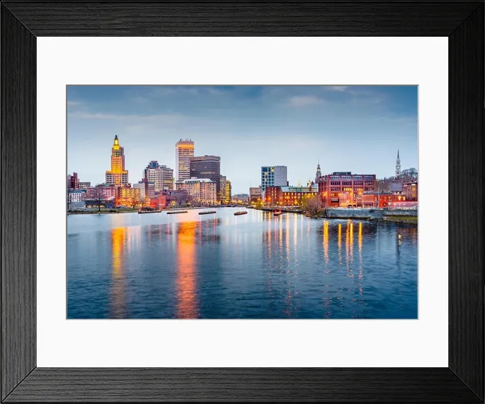 Framed Print : Providence, Rhode Island downtown cityscape viewed from above the Providence River Framed Print : Providence, Rhode Island downtown cityscape viewed from above the Providence River