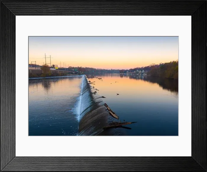 Framed Print : Philadelphia, Pennsylvania, USA dam on the Schuylkill River with Boathouse Row in the distance at dawn Framed Print : Philadelphia, Pennsylvania, USA dam on the Schuylkill River with Boathouse Row in the distance at dawn