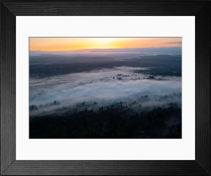 Framed Print : A colorful sunrise illuminates a layer of fog that covers the scenic Willamette River not far south of Portland, Oregon
