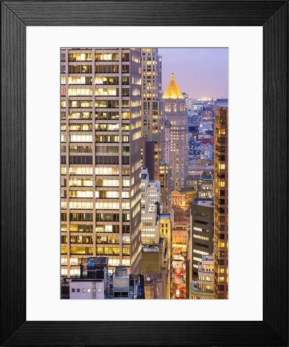 Framed Print : New York, New York, USA view down William Street towards the Federal Court Building at twilight Framed Print : New York, New York, USA view down William Street towards the Federal Court Building at twilight