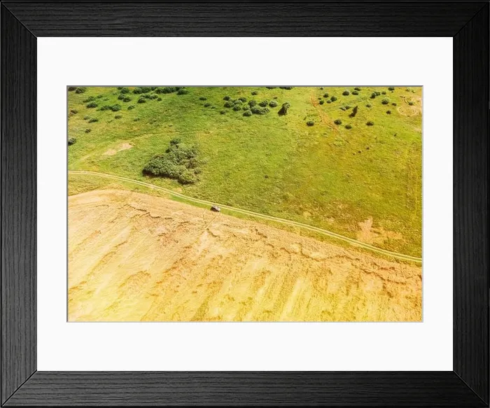 Framed Print : Aerial View Of Car SUV Parked Near Countryside Road In Summer Field Rural Landscape. Yellow Wheat Field In Summer Season