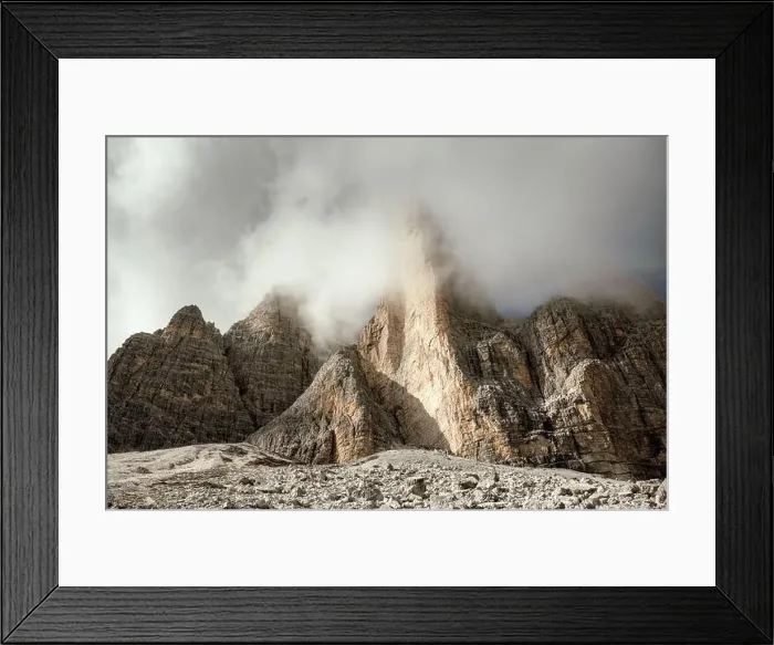 Framed Print : Incredible view of the Three Peaks of Lavaredo in morning fog. National Park Tre Cime di Lavaredo, Dolomite Alps mountains Framed Print : Incredible view of the Three Peaks of Lavaredo in morning fog. National Park Tre Cime di Lavaredo, Dolomite Alps mountains