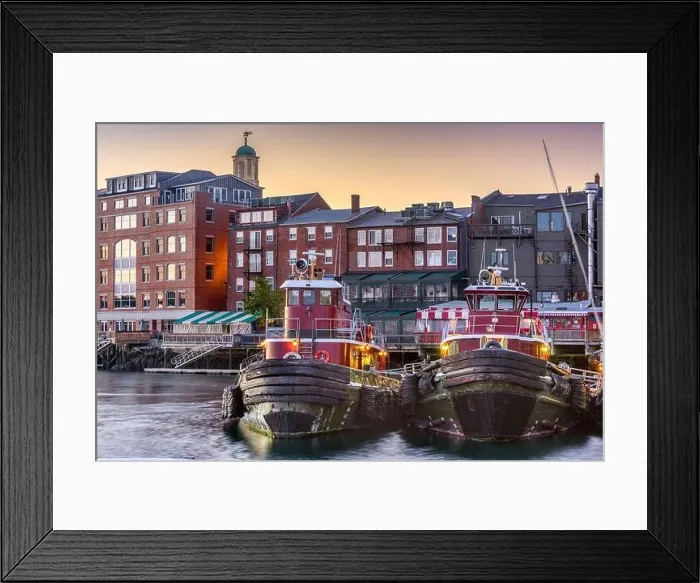 Framed Print : Portsmouth, New Hampshire, USA town cityscape with tugboats in the morning Framed Print : Portsmouth, New Hampshire, USA town cityscape with tugboats in the morning