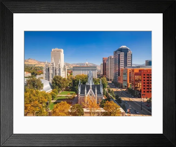 Framed Print : Salt Lake City, Utah, USA downtown cityscape over Temple Square with autumn foliage Framed Print : Salt Lake City, Utah, USA downtown cityscape over Temple Square with autumn foliage