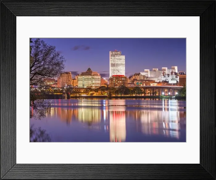 Framed Print : Albany, New York, USA skyline on the Hudson River at sunset Framed Print : Albany, New York, USA skyline on the Hudson River at sunset