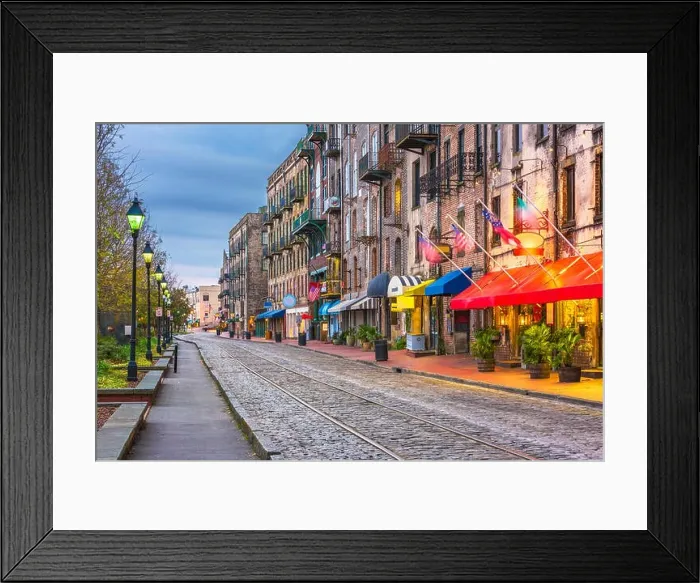 Framed Print : Savannah, Georgia, USA bars and restaurants on River Street at twilight Framed Print : Savannah, Georgia, USA bars and restaurants on River Street at twilight